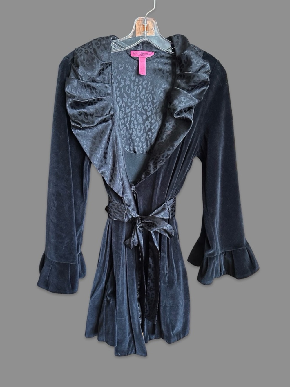 Betsey Johnson Black Velvet Ruffle Robe with Satin Leopard Trim Size Small